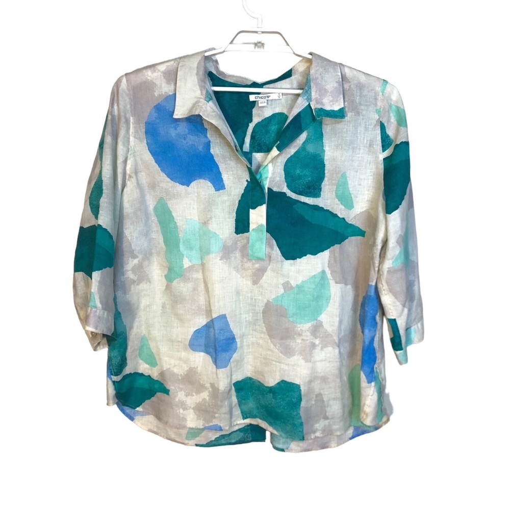CHICO’S Tunic Top No Iron 100 % Linen  Button Back Detail Size 3 Harbor Green XL